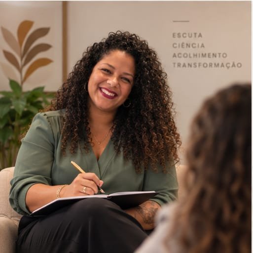 Danielle Venda em atendimento, com caderno de anotações